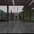 Modern Front Desk Reception With Wooden Panel Wall Round Desk Marble Floor And Large Windows