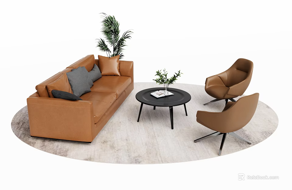 Brown Two Seater Sofa With Armchairs Coffee Table And Green Plants On Light Rug 3d model 