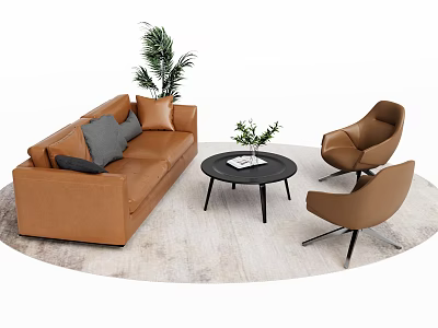 Brown Two Seater Sofa With Armchairs Coffee Table And Green Plants On Light Rug 3d model