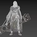 Cloaked Woman In Feathered Cape Carrying Large Wooden Structure And Glowing Blades