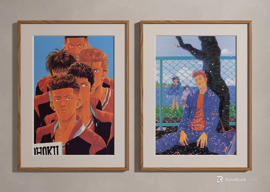 Framed Slam Dunk Artworks With Red Clothing Characters And Wire Fence Green Background Figure 3d model 
