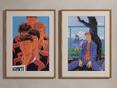 Framed Slam Dunk Artworks With Red Clothing Characters And Wire Fence Green Background Figure 3d model