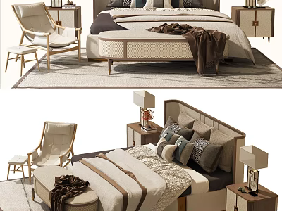 Elegant Modern Double Bed With Upholstered Headboard Nightstands Accent Chair And Throw Blanket 3d model