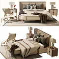 Elegant Modern Double Bed With Upholstered Headboard Nightstands Accent Chair And Throw Blanket