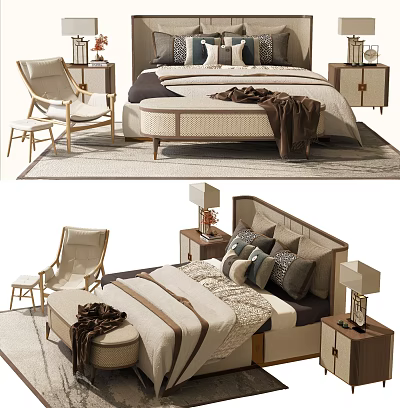 Elegant Modern Double Bed With Upholstered Headboard Nightstands Accent Chair And Throw Blanket 3d model