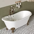 Elegant White Freestanding Bathtub With Gold Faucet Green Tile Wall And Dot Floor Towels