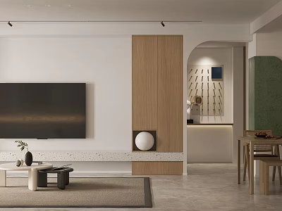 Modern Living And Dining Room Interior With Wooden Partition TV Wall And Dining Table 3d model