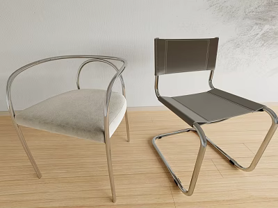 Stylish Leisure Accent Chairs With Metal Frames Light Gray And Dark Seats On Wooden Floor 3d model