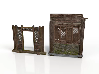 Traditional Wooden Door Frames With Carved Lattice And Dark Brown Vintage Worn Design 3d model
