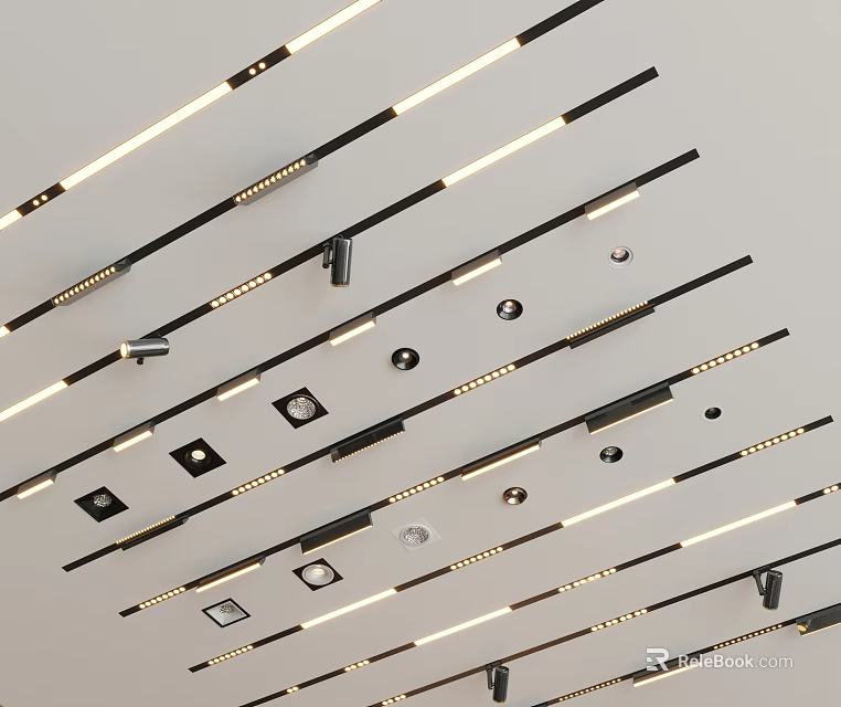 Modern Ceiling Downlights And Spotlights With Linear Arrangement Black Frames And Warm Glow 3d model 