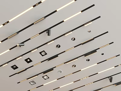 Modern Ceiling Downlights And Spotlights With Linear Arrangement Black Frames And Warm Glow 3d model