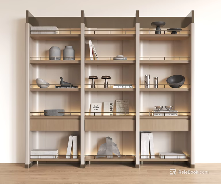 Modern Shelf Unit Featuring Decorative Items Books And Layered Storage Design 3d model