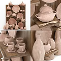 Natural Ceramic Vessels Jars Plates and Cups on Wooden Shelves