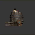 Wooden Barrel With Small Yellow Doll White Bones Crate And Colorful Planks