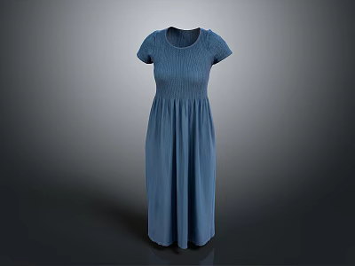 Blue Short Sleeve Round Neck Pleated Waist Long Dress For Women 3d model