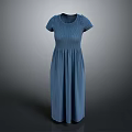 Blue Short Sleeve Round Neck Pleated Waist Long Dress For Women