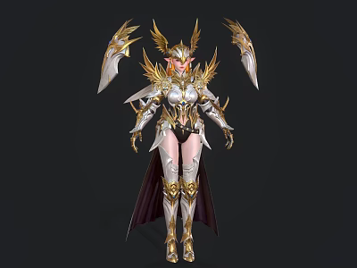 Game Movie Character In Golden Silver Armor With Angelic Wings And Ornate Cloak 3d model