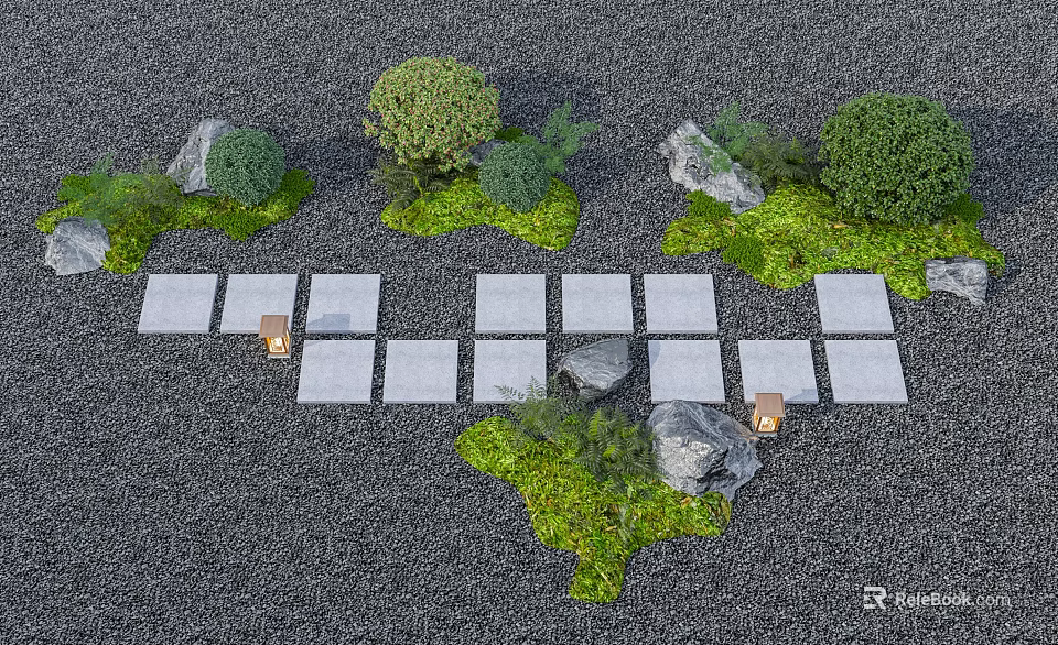 Beautiful Garden Flowers And Plants Along Stone Pathway With Rocks Trees And Lanterns 3d model 