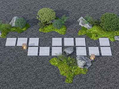 Beautiful Garden Flowers And Plants Along Stone Pathway With Rocks Trees And Lanterns 3d model