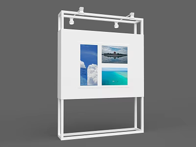White Wall Mounted Display Stand With Four Landscape Photo Frames And Lighting 3d model