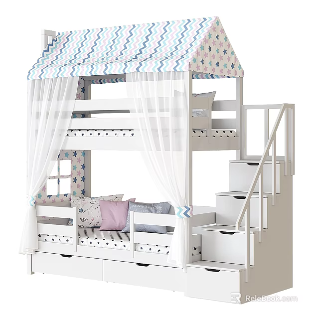 Kids Bunk Bed With Canopy Design Stairs Storage Drawers And Decorative Pillows 3d model 