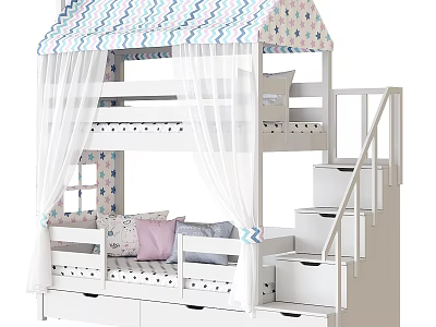 Kids Bunk Bed With Canopy Design Stairs Storage Drawers And Decorative Pillows 3d model