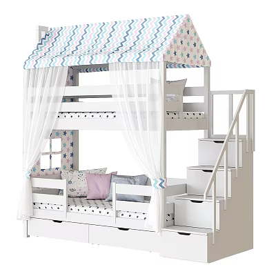 Kids Bunk Bed With Canopy Design Stairs Storage Drawers And Decorative Pillows 3d model
