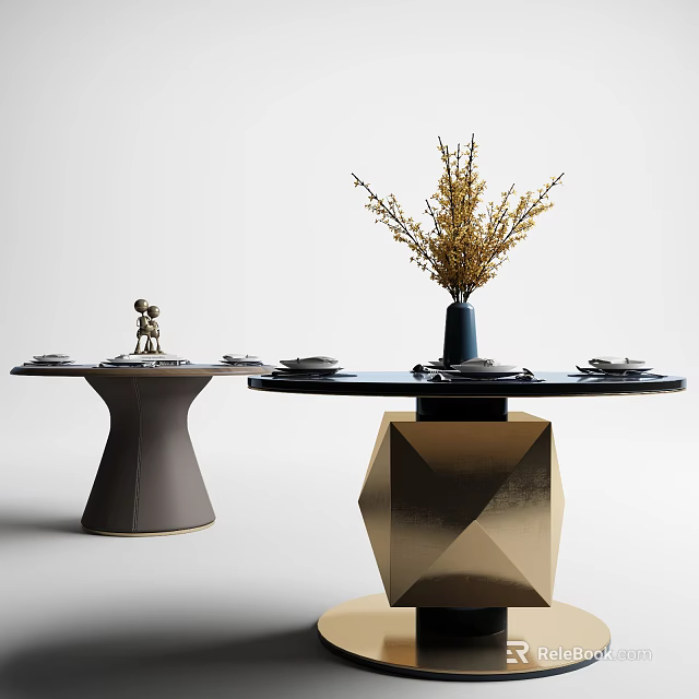 Sleek Modern Dining Table With Black Tabletop Golden Base Decorative Vase And Tableware 3d model