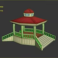 Classic Gazebo Structure With Red Roof White Pillars And Staircase Steps