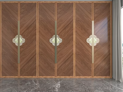 Elegant Integrated Wooden Display Shelves With Traditional Pattern Ornaments And Metal Handles 3d model