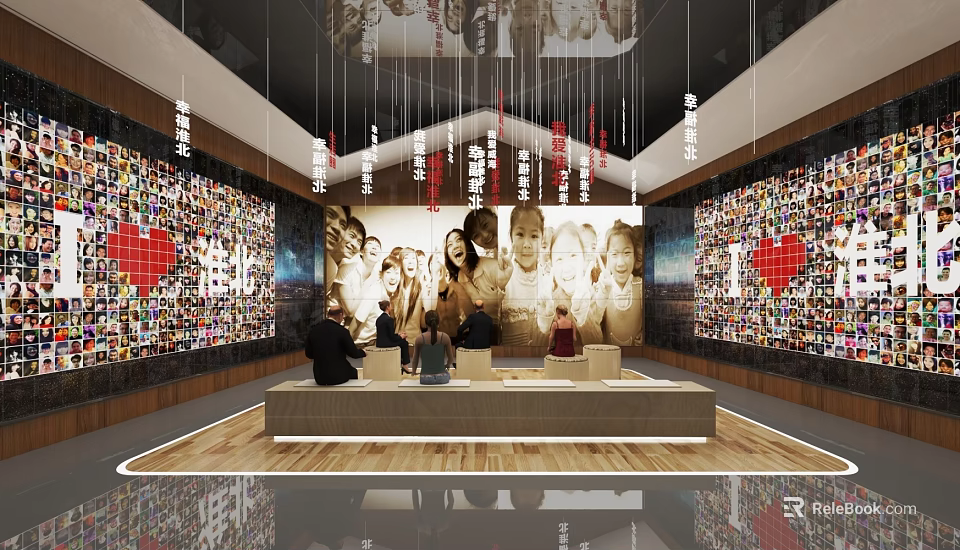 2025 Exhibition Space Featuring Red Heart Photo Walls People Seats And Hanging Lamps 3d model 