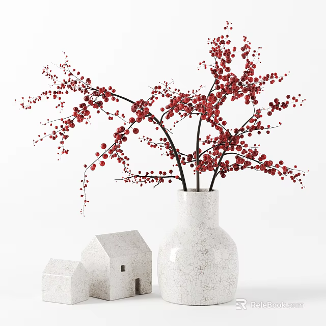 White Vase with Red Berry Branches Home Decor with Small White House Models 3d model 