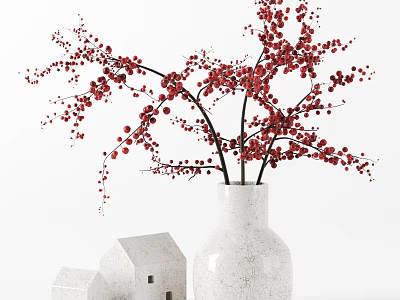 White Vase with Red Berry Branches Home Decor with Small White House Models 3d model