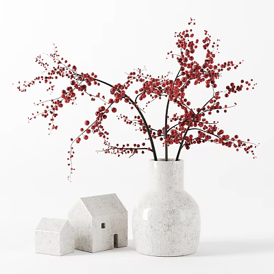 White Vase with Red Berry Branches Home Decor with Small White House Models 3d model