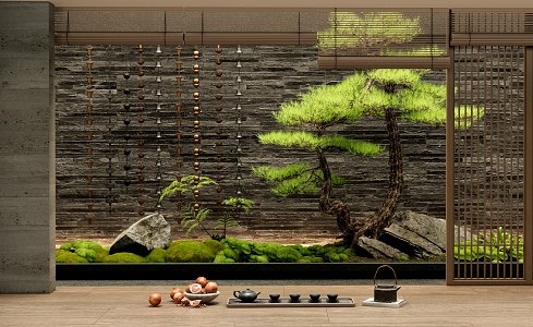 New Chinese Style Indoor Landscape Landscaping Courtyard Landscape Setches Stone Rain Chain Stacked Stone Pine Tea Set Bryophytes 3d model