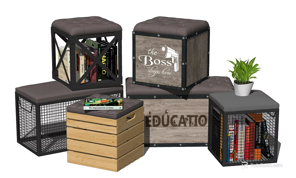 Stylish Storage Ottomans Featuring Wooden Metal Frame Books Plant and Text Decor 3d model 