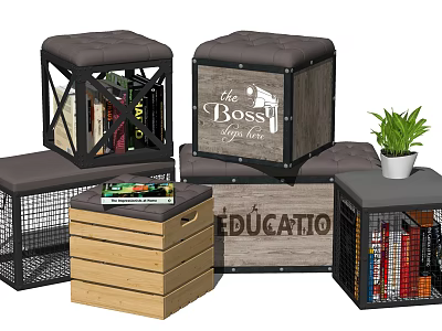 Stylish Storage Ottomans Featuring Wooden Metal Frame Books Plant and Text Decor 3d model