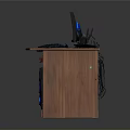 Wooden Computer Desk Setup With Monitor Keyboard Speakers Mouse And Router