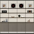 Modern Shelving Unit with Layered Shelves Decorative Items Framed Art and Cabinet Doors