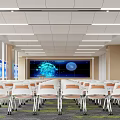 Modern Conference Room With Large Display Podium Linear Ceiling Lights Folding Chairs And Light-Colored Walls
