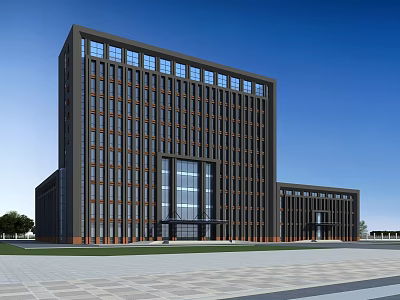 Modern Office Building Exterior Design With Glass Curtain Wall Dark Facade And Front Plaza 3d model