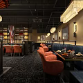 Modern Restaurant Interior With Orange Chairs Chandeliers And Wine Racks