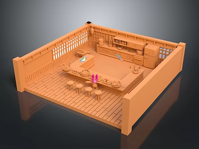 Cartoon Scene of Traditional Wooden Interior With Lattice Panels Central Table Small Stools and Cabinets 3d model
