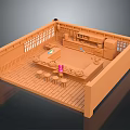 Cartoon Scene of Traditional Wooden Interior With Lattice Panels Central Table Small Stools and Cabinets