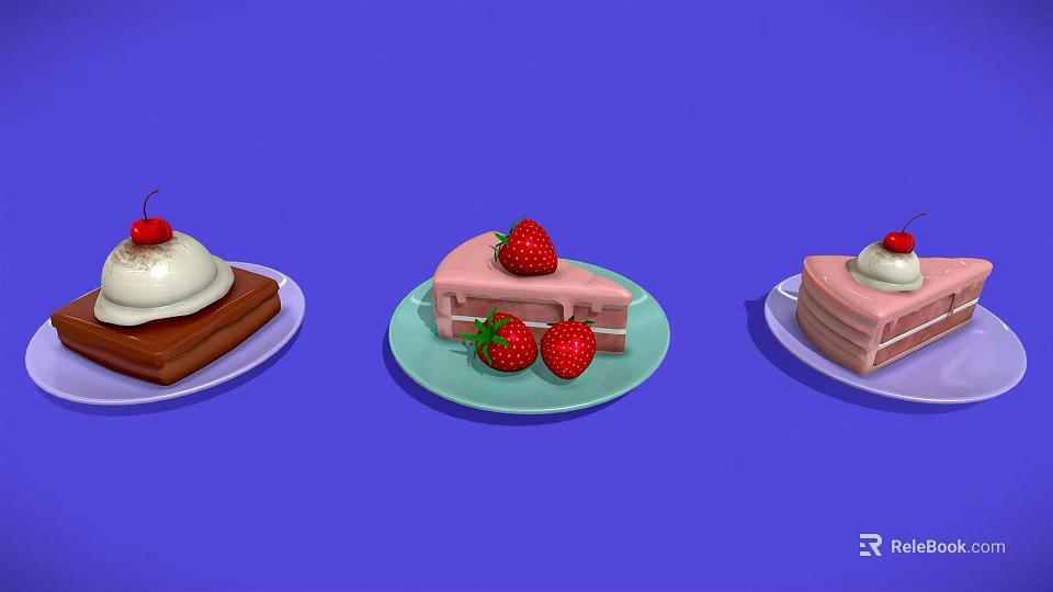 Assorted Fresh Cake Slices With Strawberries Cherry And Cream On Purple Background 3d model 