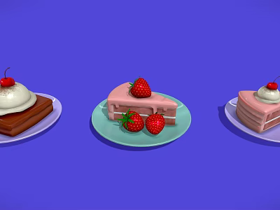 Assorted Fresh Cake Slices With Strawberries Cherry And Cream On Purple Background 3d model