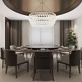 Elegant Modern Private Dining Room Interior With Round Table Chandelier And Comfortable Chairs