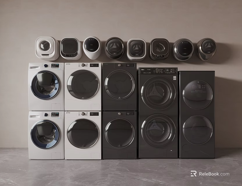 Various Front Loading Washing Machines In White And Black With Round Doors 3d model 
