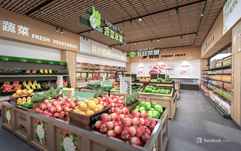 Supermarket Grocery Store With Fresh Fruits Vegetables Meat Section And Product Shelves 3d model 