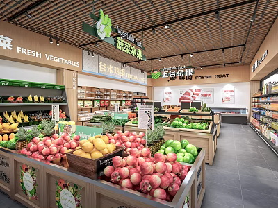 Supermarket Grocery Store With Fresh Fruits Vegetables Meat Section And Product Shelves 3d model